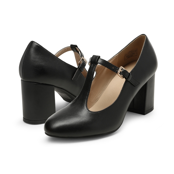 T-Strap Mary Jane Pumps with Chunky Heel - BLACK PU - 3